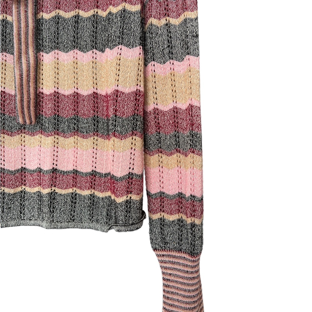 Vintage Cache Boho Large Multicolor Metallic Tie Neck Sweater Striped Chevron. - Picture 5 of 9